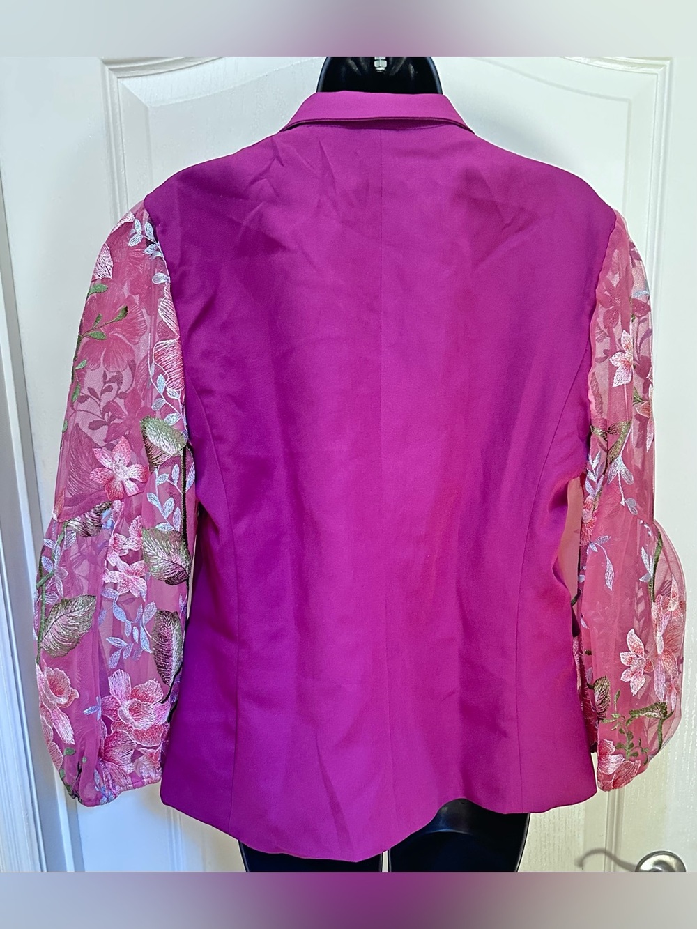 Upcycled Womens Magenta Blazer with Embroidered Sheer Floral Sleeves size L - Picture 6 of 8